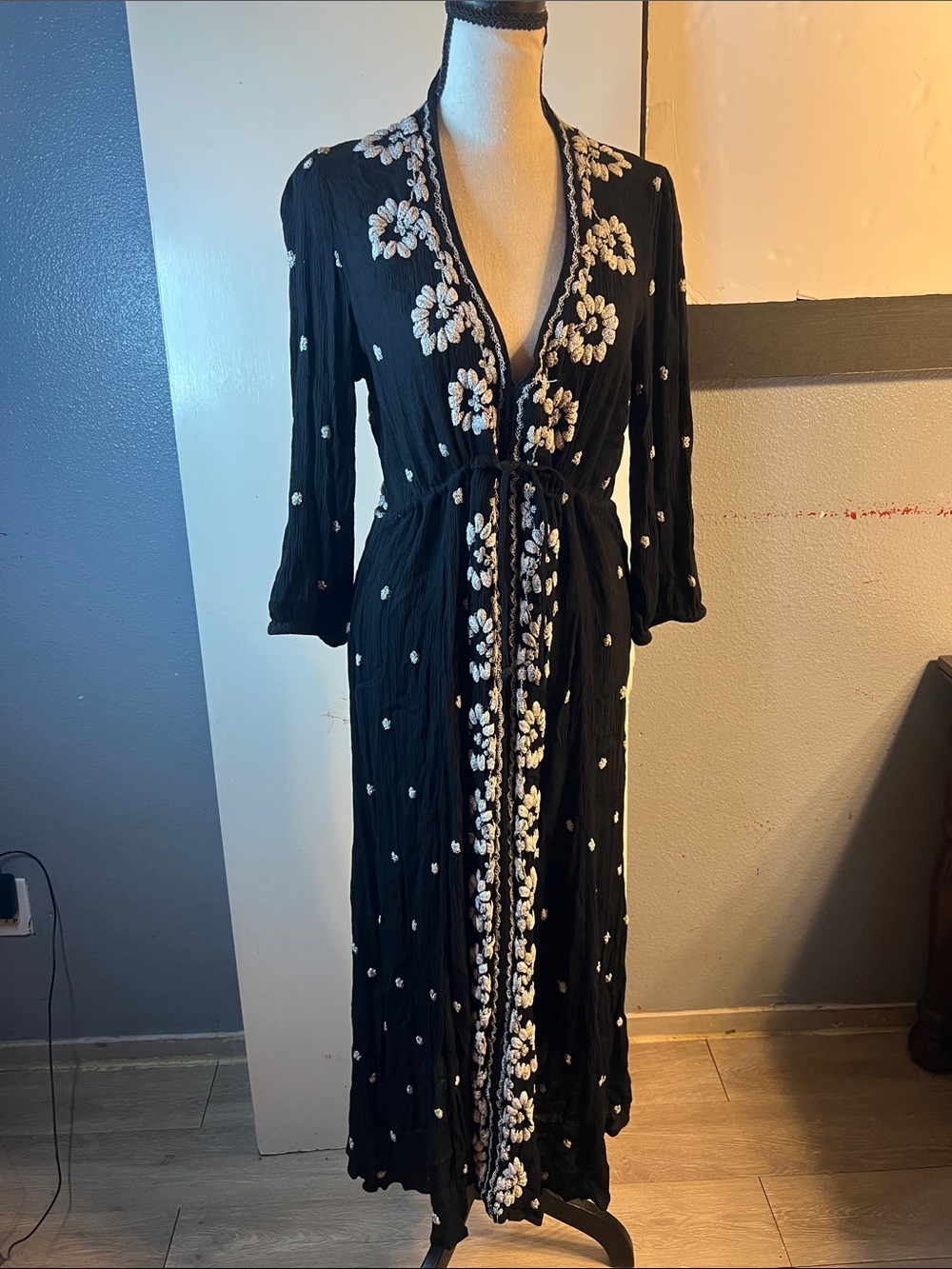 Black Maxi Dress with White Floral Embroidery